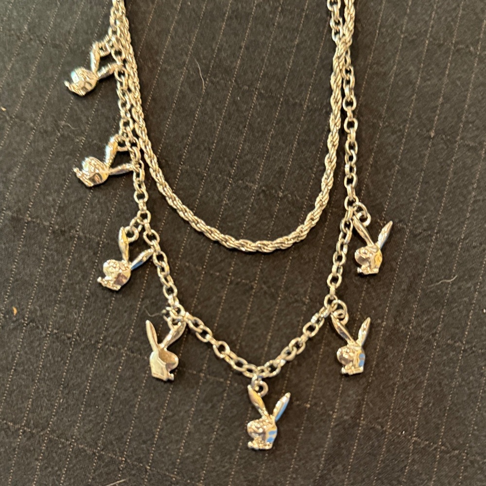 PLAYBOY Silver Tone Layered Necklace with Bunny Charms